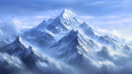 Majestic Snow Capped Mountain Range Under a Blue Sky