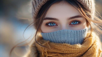 Young woman with striking blue eyes bundled in warm clothing enjoys cold winter day outdoors in the snow