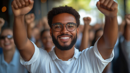 Joyful celebration during community gathering in the city with participants raising their fists in solidarity