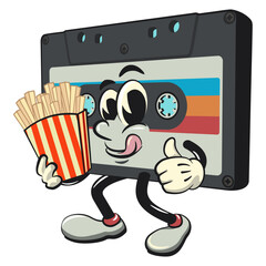 Cute retro cassette vektor illustration mascot character brought a box of french fries, work of hand drawn