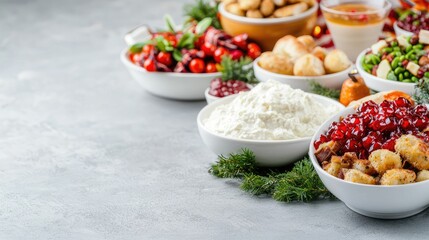 Festive Thanksgiving food buffet; cranberry sauce, ricotta, table setting