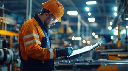 An ergonomic specialist designing safety protocols for assembly line workers in a manufacturing plant, with safety equipment and production line settings visible