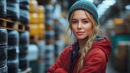 Fototapeta premium Young woman in a warehouse with a casual outfit and a beanie during daytime in a bustling environment