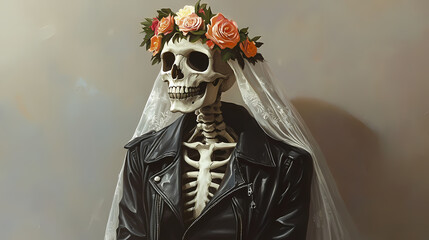 A skeleton in a wedding veil and leather jacket, adorned with a floral crown, conveys a unique blend of gothic and romantic themes. Gothic Elegance. Illustration