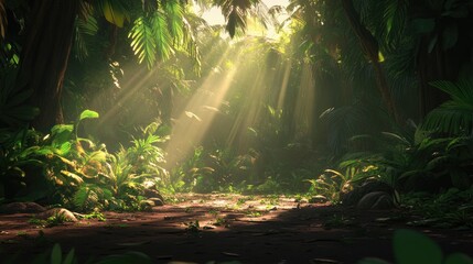 Obraz premium Sunbeams Illuminate Lush Tropical Jungle Path