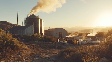 Fototapeta premium Industrial Plant Emits Smoke at Sunset Over Mountains