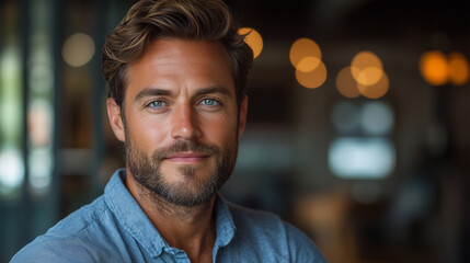 Fototapeta premium Handsome man with blue eyes and beard smiling in a cozy indoor setting during the day