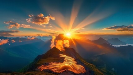 Sunrise mountain ridge atmosphere concept. A breathtaking sunset over a mountain range, with rays of light shining through clouds and volcanic activity visible in the foreground.