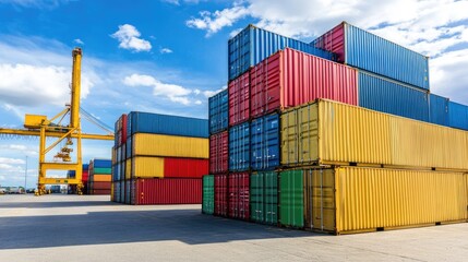 Fototapeta premium Colorful Cargo Containers Stacked High At A Busy Port