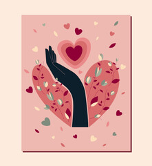 Flat Beautiful Illustration with one Black Hand Holds a Pink Heart Surrounded by Flowers on a Pink Background. Spring Abstract Vector Art