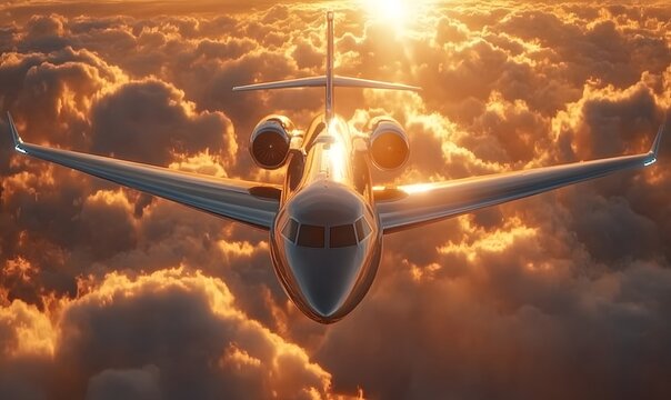 Luxury private jet soaring through golden clouds during a vibrant sunset with sun glare - Powered by Adobe