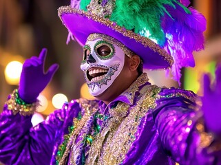 
People in colorful costumes, masks, and feathered accessories dance energetically in the streets during the Mardi Gras celebration.In the background, decorated floats, banners, and festive lights.