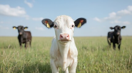 Fototapeta premium Calf stares ahead, two calves graze, sunny pasture
