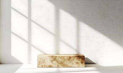 Sunlit stone platform, minimalist room, product display, shadow background