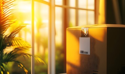 Sunset-lit package delivery near window
