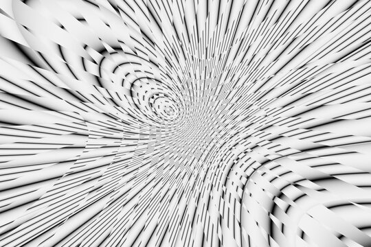 Abstract design of different polygonic graphical Elements, creating the impression of two fields emanating from two centers, repulsing each other, like magnetic field lines. 