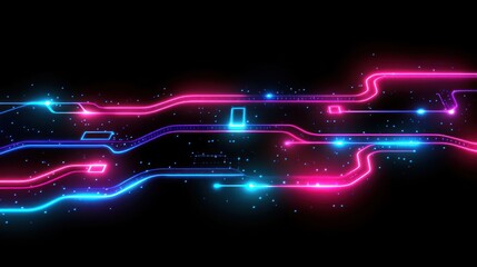 Glowing circuit boards of pink and blue on black backdrop. Suitable for tech and digital ads