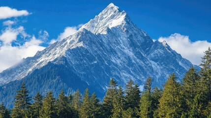 Majestic snow capped mountain peak with evergreen trees