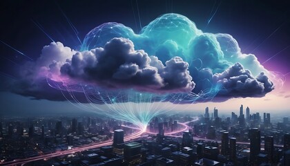 Night Cityscape Illuminated: A Cloud of Digital Connectivity