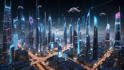 Futuristic Cityscape: Neon Towers and Flying Vehicles