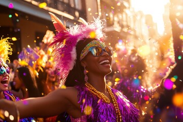 
People in colorful costumes, masks, and feathered accessories dance energetically in the streets during the Mardi Gras celebration.In the background, decorated floats, banners, and festive lights.