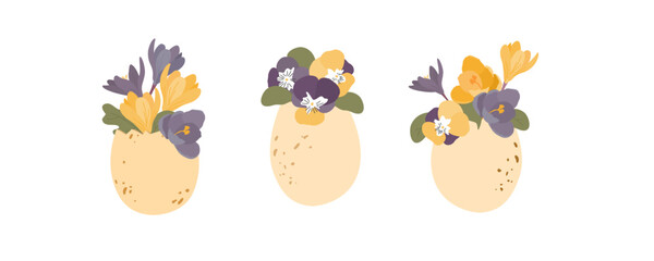 Set of Easter eggs with floral bouquets of crocus and pansies. Vector flat clipart of hand drawn illustrations on transparent background. Violet and yellow flowers
