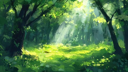 Fototapeta premium Sunlit Forest Clearing Green Canopy Lush Trees