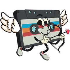 Cute retro cassette vektor illustration mascot character being cupid with angel wings and the arrow of love, work of hand drawn