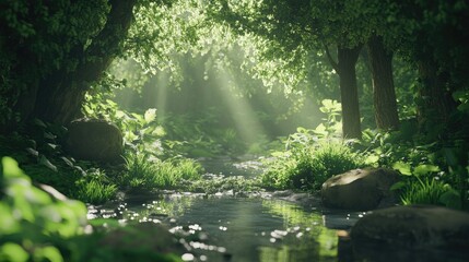 Serene Forest Stream Sunlight Through Lush Green Canopy