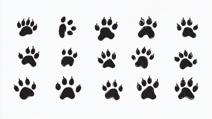 Fototapeta premium Collection of dog paw prints in various shapes and sizes on a white background. Each paw print is drawn as a vector illustration, making it easy to resize and use in different applications.