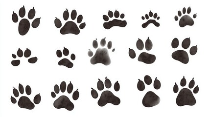 Collection of dog paw prints in various shapes and sizes on a white background. Each paw print is drawn as a vector illustration, making it easy to resize and use in different applications.