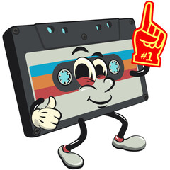 Cute retro cassette vektor illustration mascot character raise foam finger, work of hand drawn