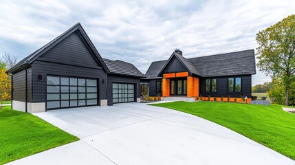 A chic farmhouse-style home with matte black siding