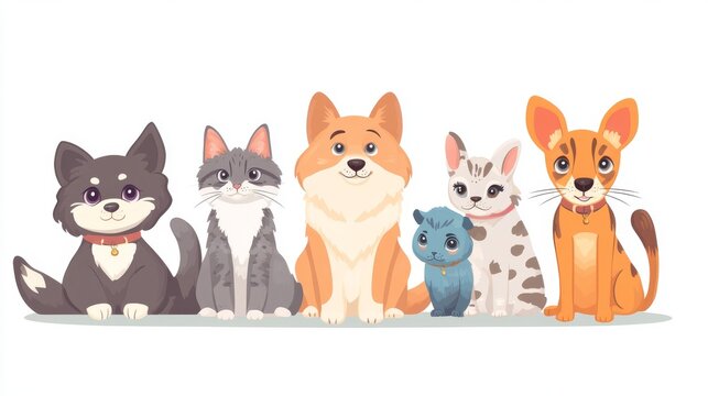 Cute pets: cats, dogs, parrots, and rabbits. Different dog breeds: husky, bulldog, schnauzer, doberman. Siberian cat. Cartoon illustrations for pet care.