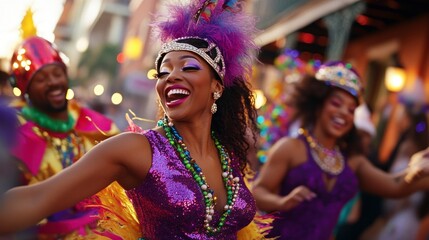 
People in colorful costumes, masks, and feathered accessories dance energetically in the streets during the Mardi Gras celebration.In the background, decorated floats, banners, and festive lights.