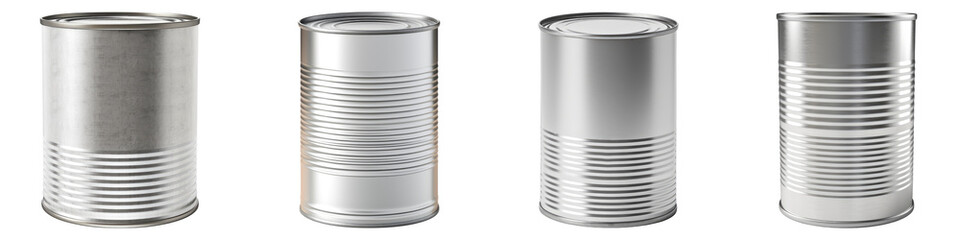 Silver tin can isolated on transparent background, PNG, Set of