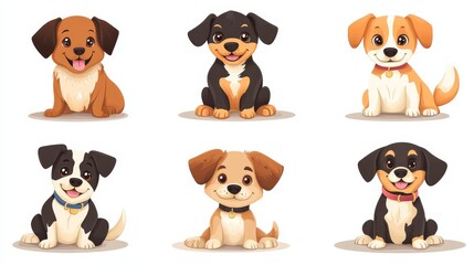 Naklejka premium These cute puppy cartoons feature a range of adorable dogs in various breeds and sizes. From a dachshund to a shepherd to a Jack Russell, these happy animals are sure to bring a smile to your face.