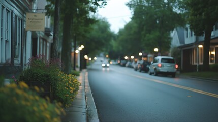 Rainy Evening Street Scene with Soft Lighting and Lush Greenery