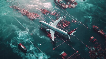 Fototapeta premium Airplane Soaring Above Global Trade Network