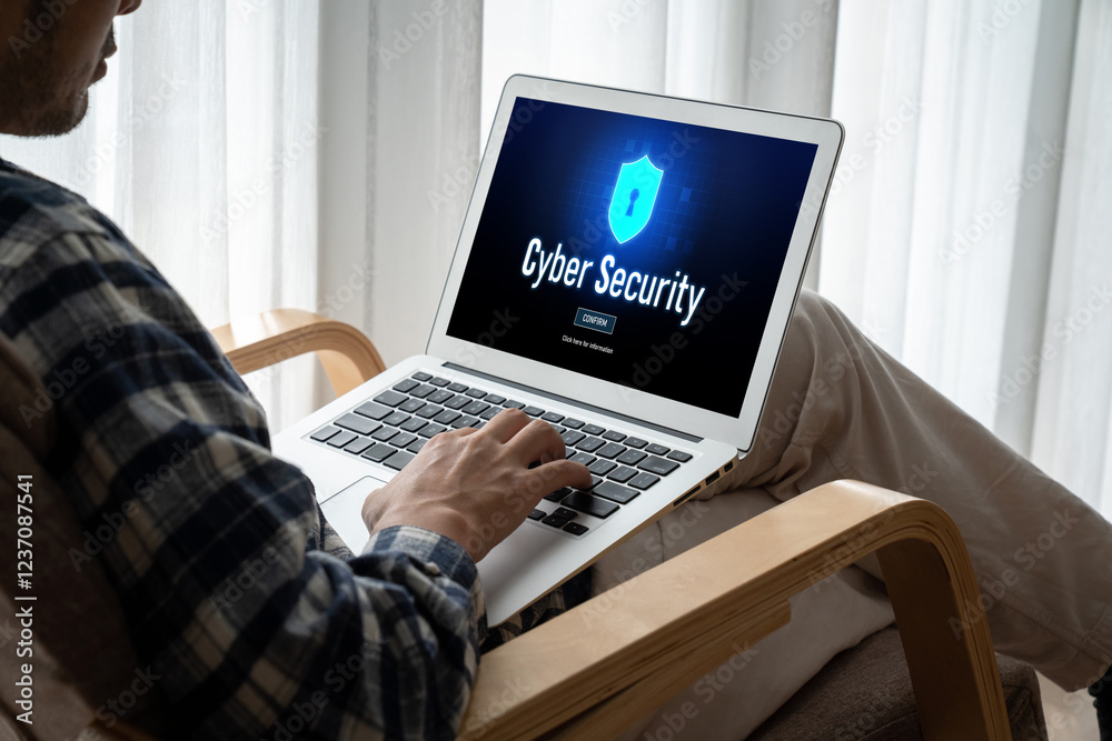 Poster cyber security system on computer screen protect private information snugly from hacker and cyber at