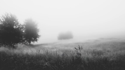 Obraz premium Misty Field with Two Trees Monochromatic Landscape Photography