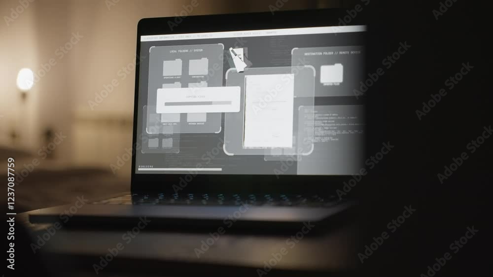 Wall mural in dark room a computer laptop shows hack into secure system stealing files. copying and transferrin