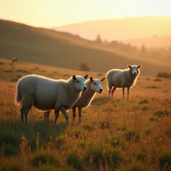 Fototapeta premium Three Sheep Grazing in a Sunlit Meadow with Rolling Hills at Sunset B7W2