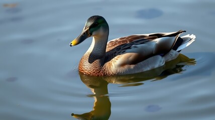 Obraz premium A beautiful mallard duck swimming gracefully on a calm lake during golden hour