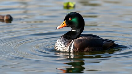 Fototapeta premium Colorful male duck gliding on a tranquil pond, surrounded by gentle ripples and floating plants
