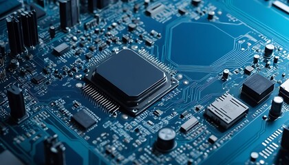Circuit Board: Central Processor Detail in Deep Blue Tech Aesthetics