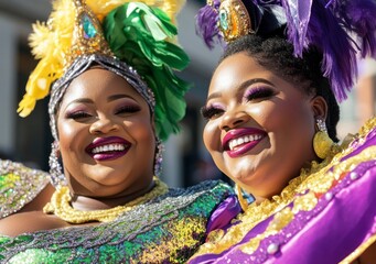 Obraz premium People in colorful costumes, masks, and feathered accessories dance energetically in the streets during the Mardi Gras celebration.In the background, decorated floats, banners, and festive lights.