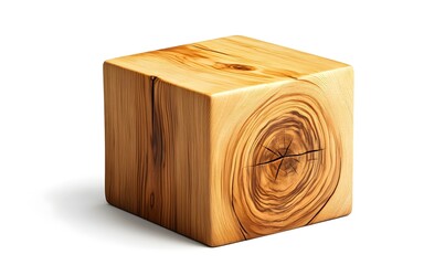 Wooden cube stool, isolated on white, natural grain, minimalist design, home decor