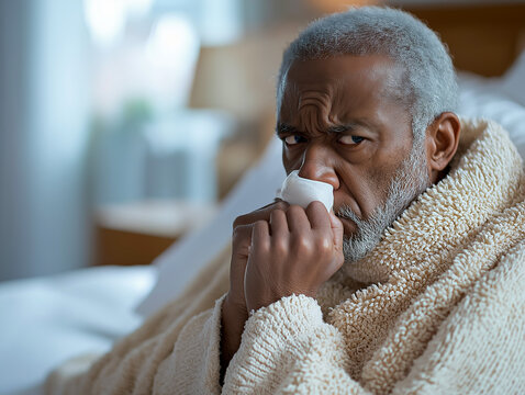 Older African-American man sick in bed with flu and blowing nose with tissue, copy space