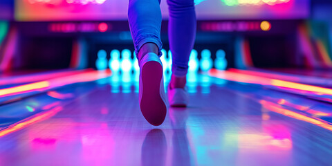 Fototapeta premium Close-up on legs of an adult playing bowling with glowing bowling ball. Active leisure for young adults.